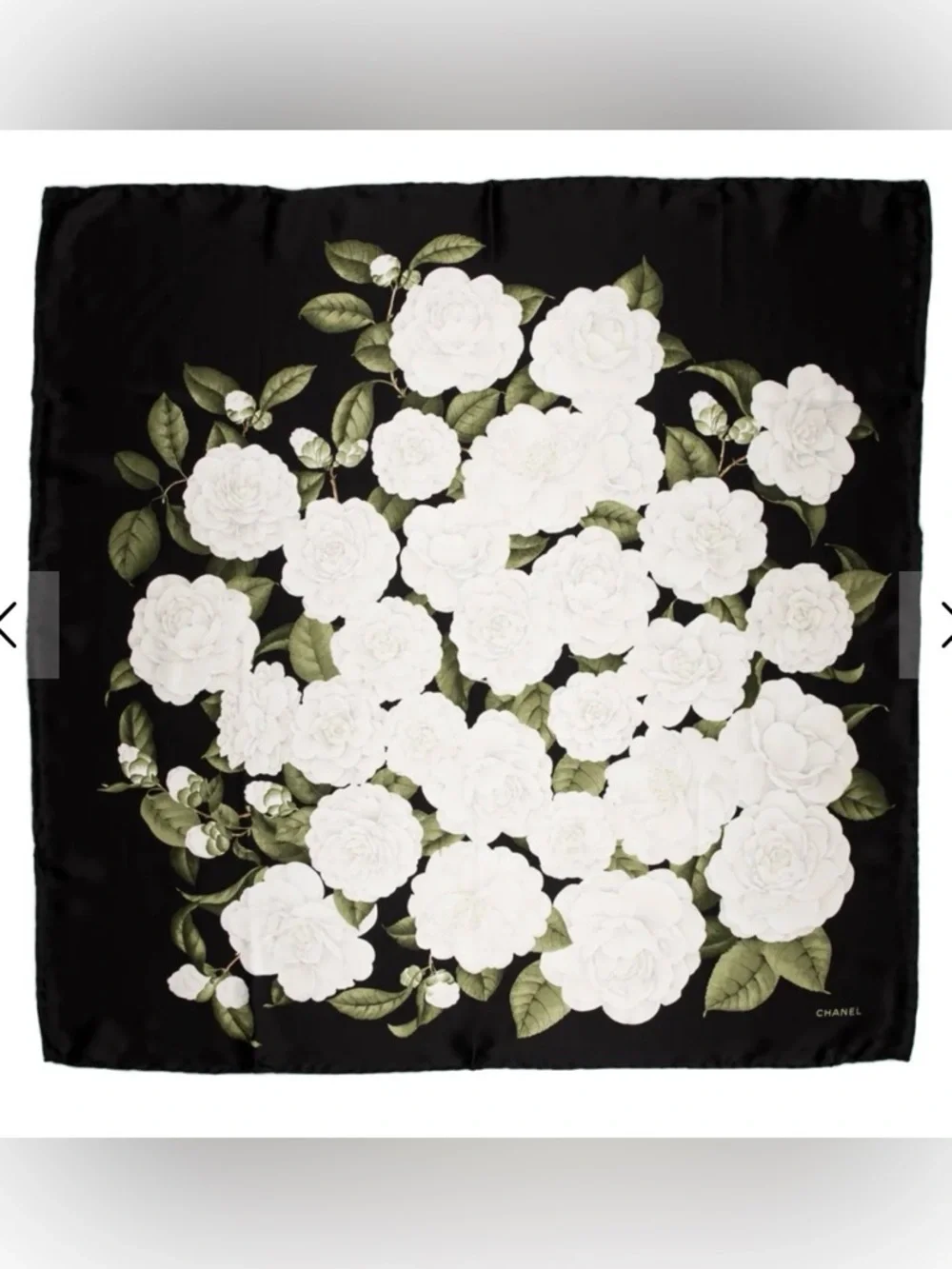 Vintage CHANEL Black Silk Scarf with White Flowers and Green Leaves